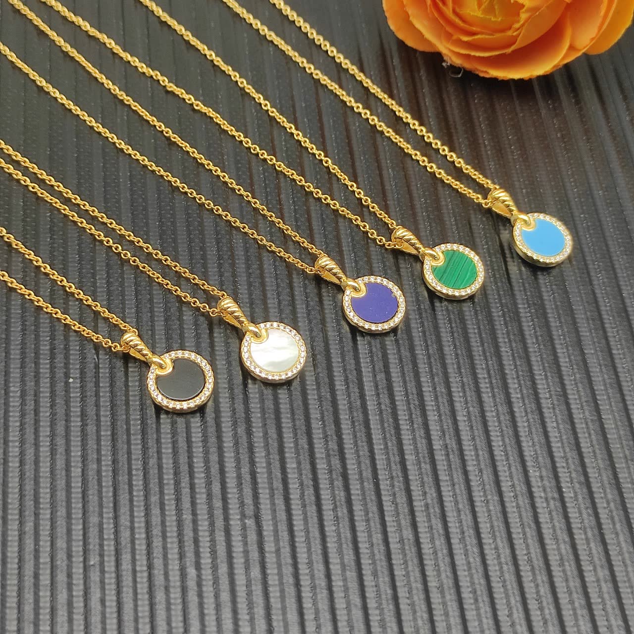 David Yurman Gold Plated Enamel Circle Pendant Necklace